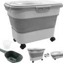 20-30 Lbs Rice and Pet Food Storage Container - Collapsible Airtight Food Storage with Rolling Wheel & Locking Lid, Flour Container with Cup & Scoop for Rice, Flour, Pet Food (Grey)