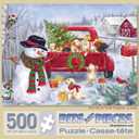 Bits and Pieces - 500 Piece Jigsaw Puzzle for Adults 18" x 24" - Red Truck with Puppies - 500 pc Snowman Christmas Dogs Jigsaw by Artist Makiko