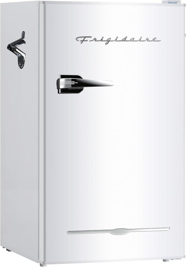 Frigidaire Retro Compact Fridge with Chiller, 3.2 cu ft Countertop Fridge with Built-In Bottle Opener, Compact Refrigerator for Office, Bedroom, Dorm Room or Cabin - 18.7"D x 19.01"W x 33.27"H (White)
