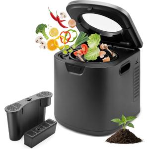 NutriChef 4 Quart Electric Kitchen Composter | Smart Countertop Composter Includes 2 Odorless Carbon Filters | Electric Compost Bin for Indoor Use | 3 Volume Based Modes Small, Medium & Large | Gray (Black)
