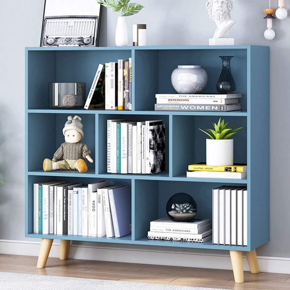 IOTXY Wooden Open Shelf Bookcase - 3-Tier Floor Standing Display Cabinet Rack with Legs, 7 Cubes Bookshelf, Bright Blue (80CM)