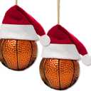 Set Of 2 Basketball Ornament for Christmas Tree, Glass Basketball Christmas Ornaments in Santa Hat, Xmas Hanging Decor Tradition Blown Glass Keepsake Gifts