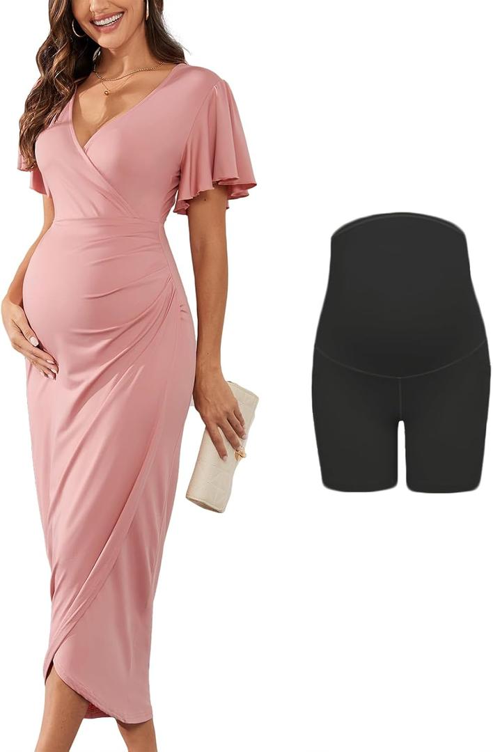 AISWI 2025 Womens Maternity Wrap Dress V Neck Ruffle Sleeves Semi Formal Baby Shower Photoshoot Party Cocktail Pregnancy (Pink, S)