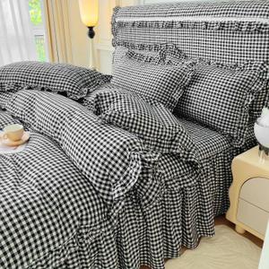 LifeTB Queen Comforter Set Black Gingham Comforter Vintage Ruffle Checkered Pattern Comforter Set Boho Grid Plaid Bedding Comforter Fluffy Soft Chic Gingham Bedding Set Queen Size for All Season