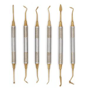 Angzhili 6 Pcs/Kit Dental Composite Resin Filled Scraper,Non Stick Dental Filling Spatula, Double-headed Dental Restoration Tool (Gold)