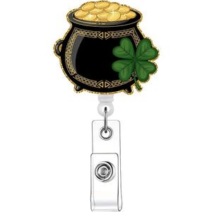 Coin Jar St Patrick's Day Badge Reel, Lucky Gift Sparkle Glitter Clover Shamrock Retractable Badge Holders for Office Worker Doctor Teacher School Nurses Students