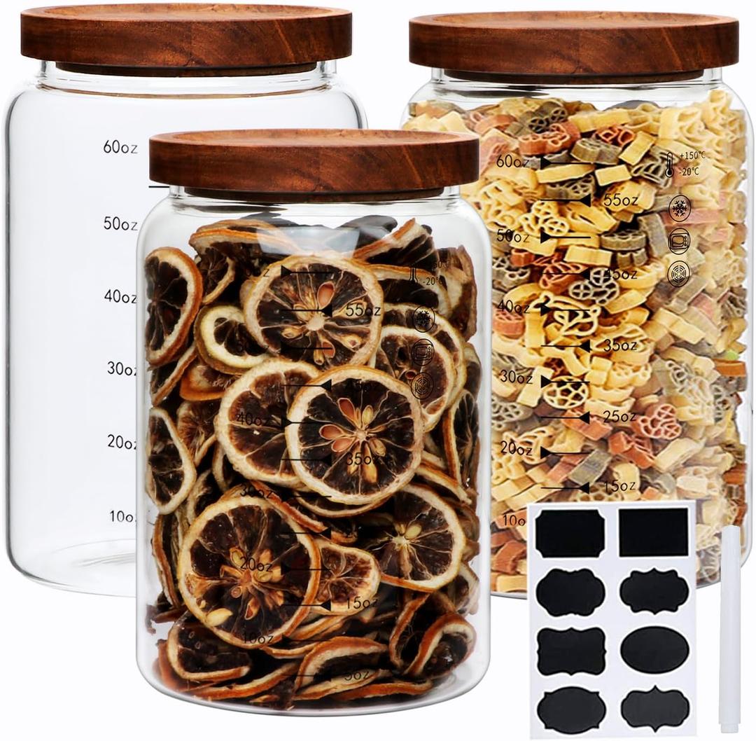 Large Glass Jars,Set of 3 Glass Jars with Wooden Airtight Lids,Food Storage Container for Tea,Spice,Cereal, Egg,Flour,Coffee and More(67 oz/2000 ml)