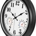 45MinST 13-Inch Vintage Outdoor Wall Clock with Thermometer and Hygrometer, Waterproof, Large Numbers, Silent, for Indoor and Outside Use,Porch,Garden,Pool(Black Frame with Silver Trim)