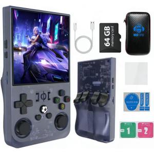 R36MAX 4000mAh Portable Rechargeable Handheld Retro Game Console,Comfort Non-Slip Handheld Standing Retro Game Console with 64G TF Car,4.0-inch Screen,for Office,Purple Gray