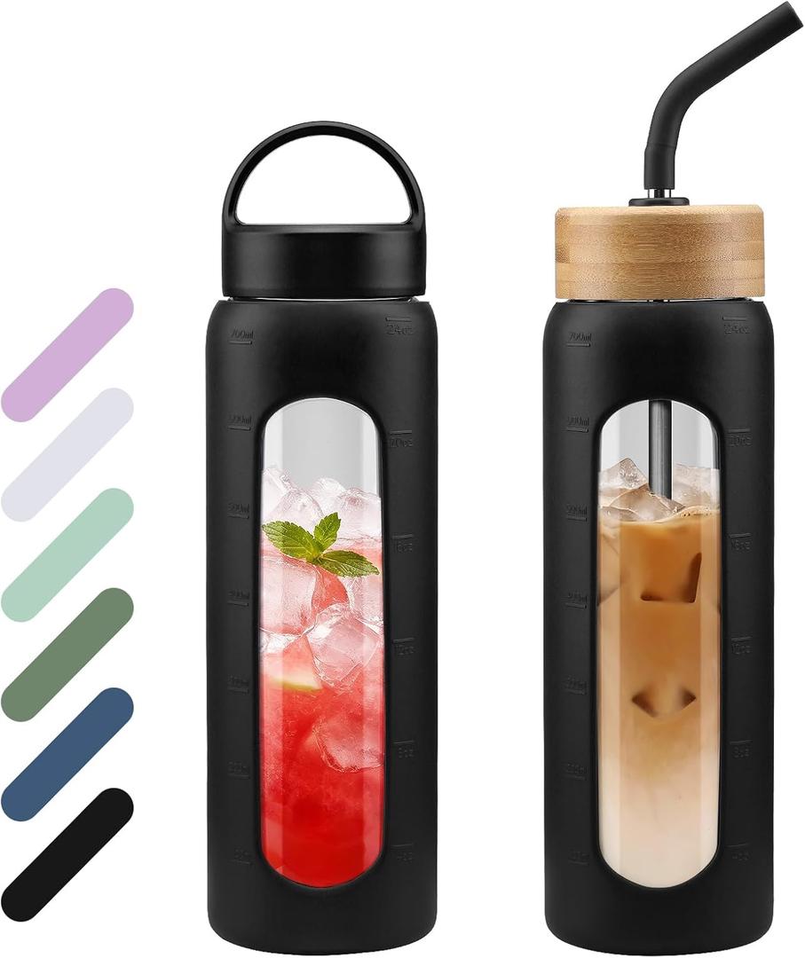 WINSA 24 oz Glass Water Bottle, Glass Tumbler with Straw, Reusable Drinking Bottles with 2 Lids-Handle Lid&Bamboo Straw Lid, Silicone Sleeve, for Sports, Home,1 Pack-Black