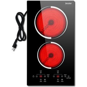12 Inch Electric Cooktop - 2 Burner Countertop & Built-in Electric Stove Top, 120V Plug in Electrical Cook Top, Timer, Safety Lock, Over-Temperature Protection, Sensor Touch Control