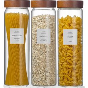 Wissy&Konny 3 Pack Glass Pasta Storage Containers with Screw wood Airtight Lid, 70oz Tall Glass Jar with Lid Spaghetti Container Storage for Pasta,Spaghetti,Cereal (132 Pantry Labels)
