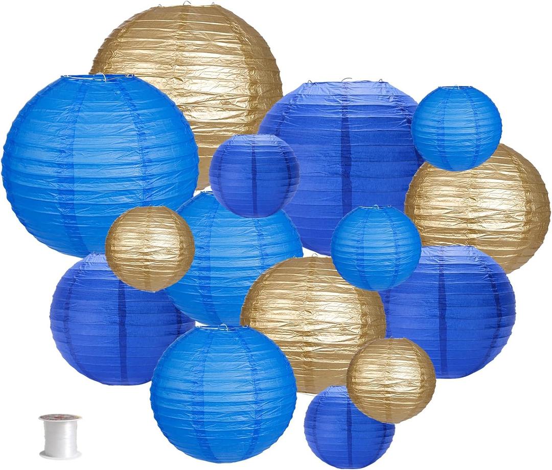 Paper Lanterns Party Decorations, Round Hanging Paper Lanterns Decorations for Graduation Anniversary Under The Sea Birthday Party Supplies Blue Gold 15pcs