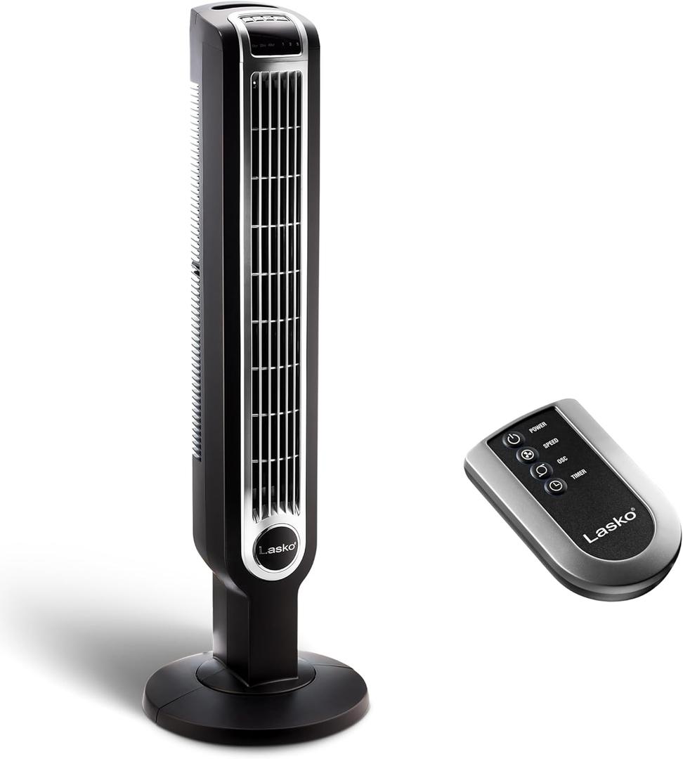 Lasko Oscillating Tower Fan with Remote Control, 3 Quiet Speeds, Timer for Bedroom, Kitchen, Office Use, Black, 36" 2511