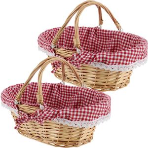 2 PCS Natural Wicker Basket with Double Handles and Washable Gingham Liner, Small Hand Woven Gifts Basket Empty for Easter, Picnics, Gifts, Home Decor, Candy Fruit Storage, 13 x 9 x 4.7 Inch