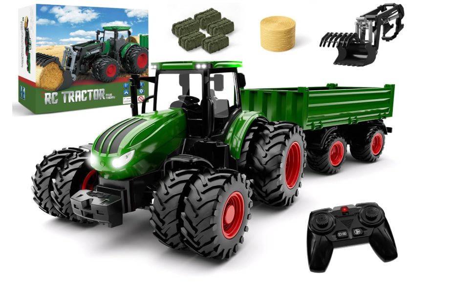 Uarzt Remote Control Tractor Toy with Trailer | Metal Front & Front Loader Farm Vehicle Set with Lights & 8-Wheel Design, RC Tractor Truck for Boys Ages 3-9, Fun Farm Toy Gift for Kids