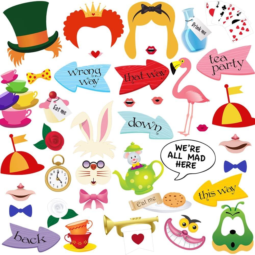 Alice in Wonderland Photo Booth Props, 40pcs Alice in Wonderland Props, Alice in Wonderland Party Decorations by Tvorvik, Mad Hatter Tea Party Decorations for Tea Party, Alice in Wonderland Party