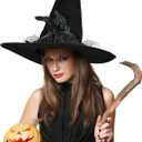 Halloween Witch Hat,Black Pointed Wizard Hat with Flowers, Beads and Feathers for Halloween Costume or Cosplay Party