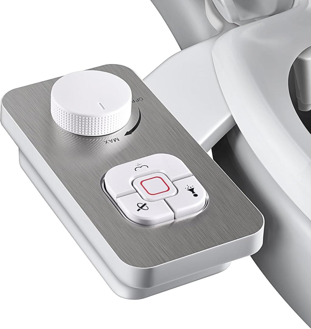 SAMODRA Bidet Attachment, Non-Electric Cold Water Bidet Toilet Seat Attachment with Pressure Controls, Retractable Self-Cleaning Dual Nozzles for Frontal & Rear Wash - Brushed Nickel
