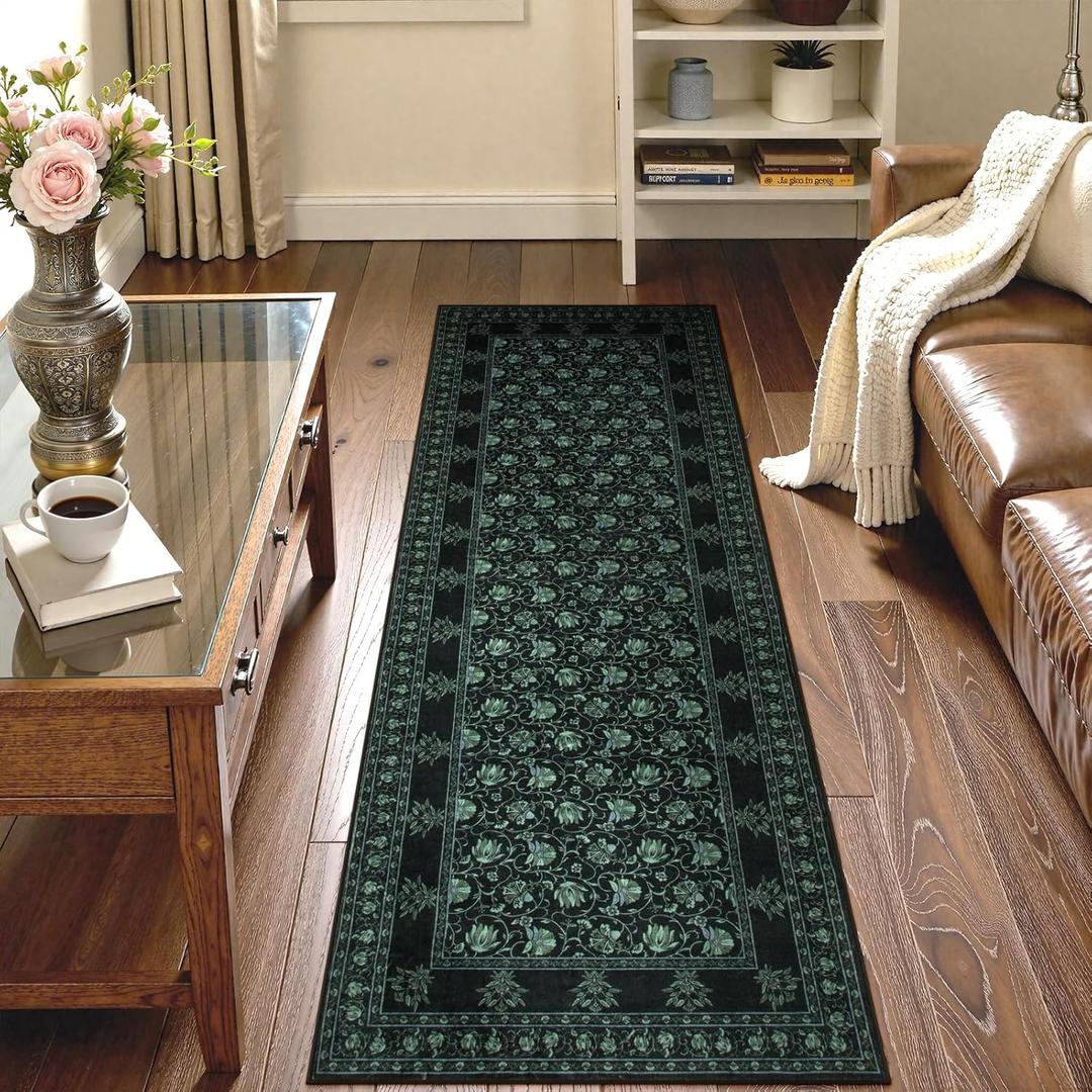 Lahome Black Kitchen Runner 2.5x8, Machine Washable Runners for Hallways, Vintage Floral Carpet Runners for Bedroom Laundry Room High Traffic (2'6"x8', Black/Green)