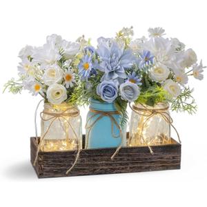 LUEUR 3PCS Artificial Flowers Blue Dahlia in Mason Jars with Wood Tray for Dining Table Coffee Table Farmhouse Home Decor Centerpieces Spring Decor Perfect for Kitchen, Living Room, Bathroom