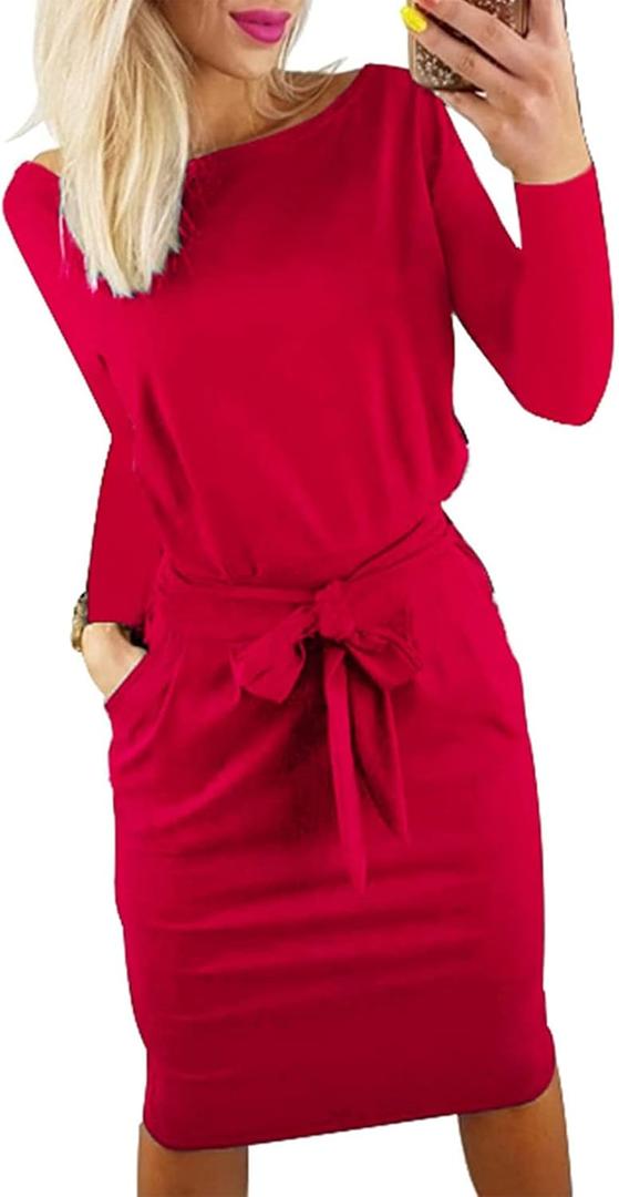 PRETTYGARDEN Women's Fall Bodycon Party Dress Casual Long Sleeve Tie Waist Fitted Sheath Pencil Dresses with Pockets (X-Large, Red)