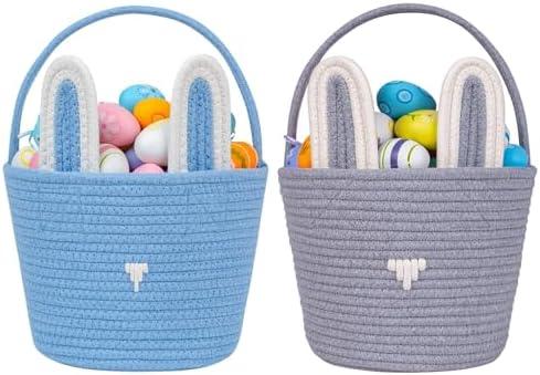 CubesLand Baby's First Easter Basket Set - 2-Piece Empty Easter Egg Hunt Basket for Boys & Girls, Cute Bunny Rabbit Buckets with Ears for Kids, Toddlers, Children Large