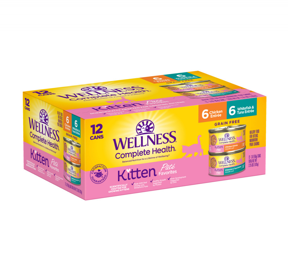 WELLNESS COMPLETE HEALTH CHICKEN WHITEFISH TUNA VARIETY PACK WET KITTEN FOOD EXP. 09/25/2028