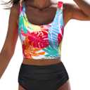 popvil High Waisted Bikini Sets for Women Modest Two Piece Tummy Control Swimsuit Floral Full Coverage Black Bathing Suit (Large)
