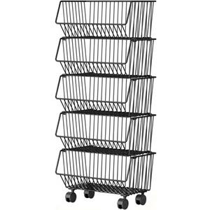 Wire Baskets Organization with Rollers for Kitchen and Home Storage, Vegetable Fruits Metal Basket for Countertop and Corner, Wire Basket Storage Bins for Space Utilization, Durable, 5 Tiers