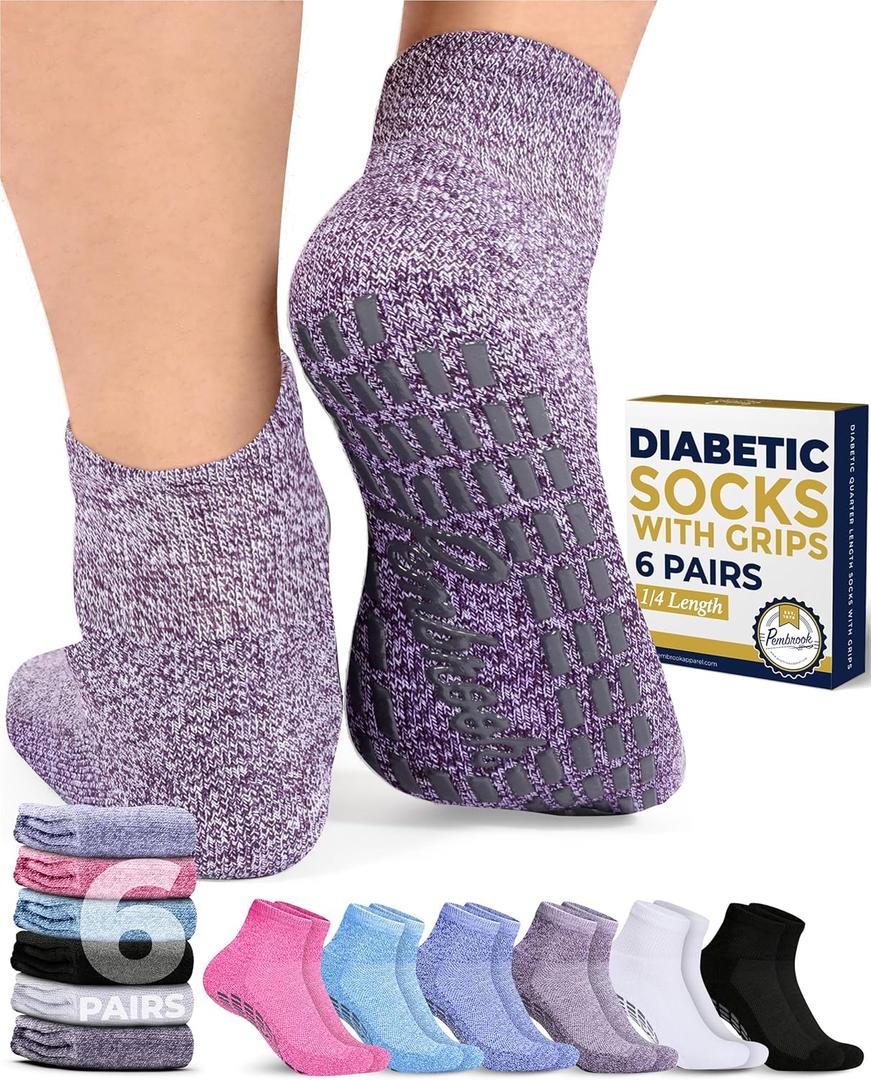 Pembrook 6 Pairs Diabetic Ankle Socks for Men & Women with Grips - 12 Colors Neuropathy Socks for Men | Non Slip | Edema (Medium)