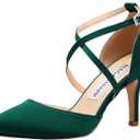ELEGANTPARK Heels for Women Closed Toe Strappy Pointed High Heel Pumps Satin Pointy Wedding Evening Dress Shoes (6, Dark Green)