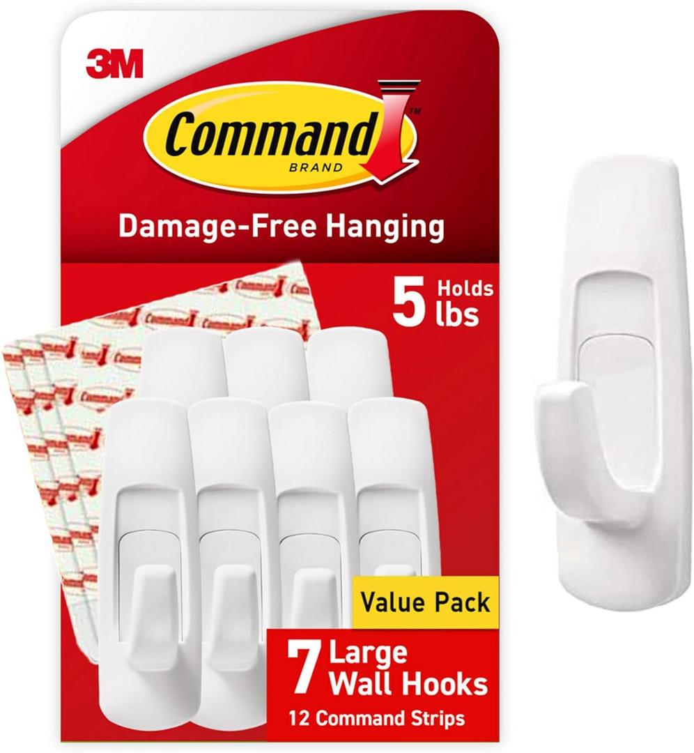 Command 5 lb Large Utility Hooks, 7 Hooks and 12 Strips, Damage-Free Hanging Wall Hook with Adhesive Strips, No Tools Required, Great for Home Kitchen Office Organization | 12-Strips, Organize, Damage-Free