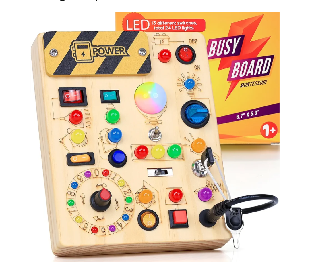 RichBoy Montessori Toy Busy Board for 1-3 Year Old Toddlers, 37-in-1 Sensory Toy with 24 LED Lights, Educational Travel Toy for Airplane Car Rides, First Birthday for Boys Girls (6.7" x 5.3")