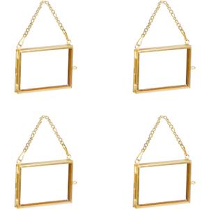 Alpertie 4PCS Glass Frame for Pressed Flowers, 3x2 Inch Creative Brass Hanging Photo Frame Double Glass Frame with Chain DIY Vintage Home Decor(Style 2) (Gold)