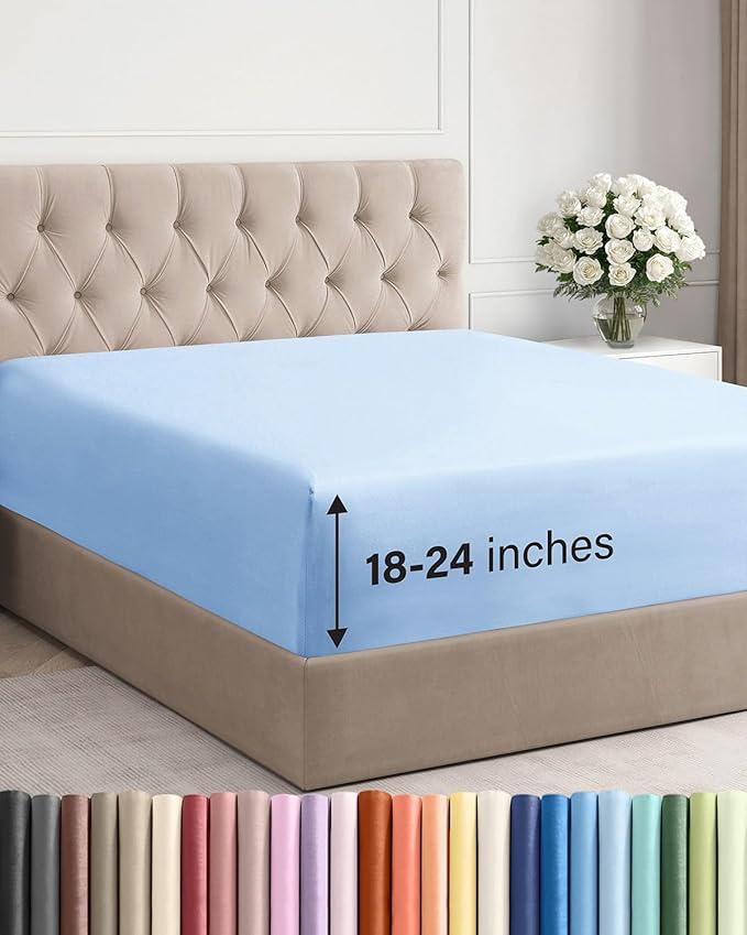 Extra Deep Queen Fitted Sheet - Hotel Luxury Single Fitted Sheet Only - Easily Fits 18 inch to 24 inch Mattress - Ultra Soft, Wrinkle & Fade Free w/Extra Deep Pocket - Breathable & Comfy - Light Blue