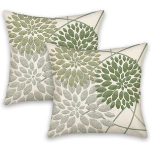 Sage Green Decorative Dahlia Boho Throw Pillow Covers 20x20 Set of 2, Geometric Floral Elegant Gray Green White Decor Rustic Farmhouse Throw Pillows Cushion Cases for Sofa Bed Decor