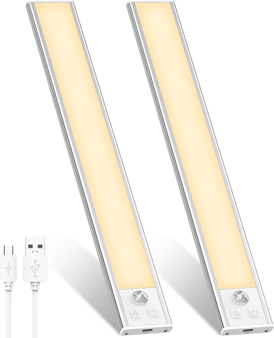 Abovizo 2 Pack Under Cabinet Lights, 32 LED Warm White Rechargeable Under Cabinet Lighting Motion Sensor LED Lights for Kitchen, Counter, Closet, Stairs (Silver - Warm White Light, 8.07 Inch - 2 Pack)
