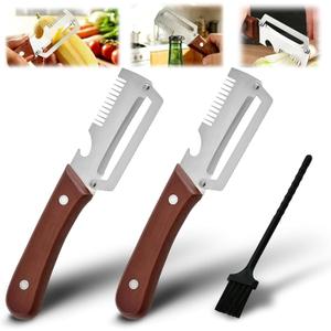 4 x 2 Pack MultiFunctional Vegetable Peeler with Cleaning Brush,3 in 1 Stainless Steel Blade with Wooden Handle and Bottle Opener,Peeler Knife for Fruit Pumpkin Peeling Potato Carrot Veggie Peeler