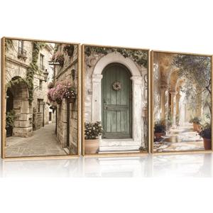 European Flower Street Framed Canvas Wall Art Set,Natural Architecture Travel City Landscape Wall Decor,Vintage Neutral Archway Cityscape Artwork for Living Room,Bedroom,Farmhouse-24 x36 x3