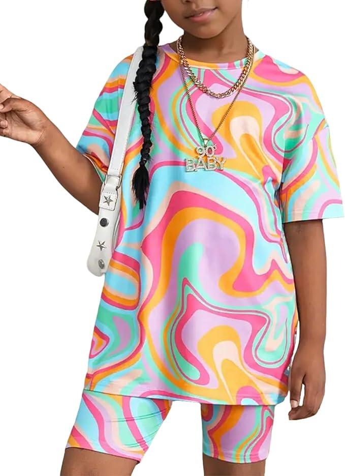 Girls 2 Piece Outfit Set Oversized Graphic Tshirts and Leggings Short Sleeve Top + Biker Shorts Kids Summer Clothes