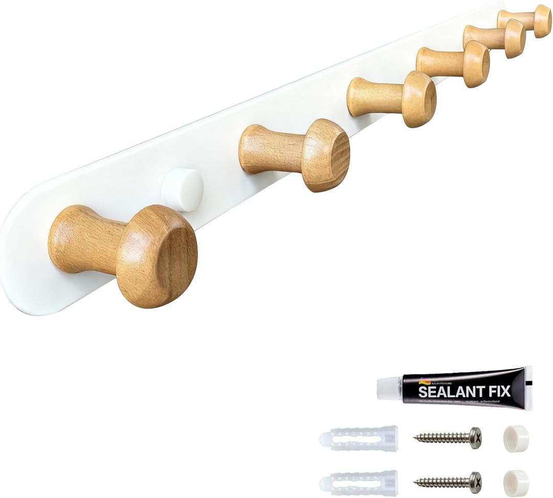 Mushroom Shaped Kids Coat Rack, 6-Hook Wooden Backpack Hanger Wall Mount, No-Drill/Screw Installation,1pc (Cream White, 6-Hooks)