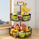 SAYZH 2-Tier Fruit Basket Bowl Vegetable Storage with 2 Banana Tree Hanger and Wood Lift Handle, Kitchen Countertop Metal Wire Basket for Bread Onions Potatoes (Black, 2 Tier)