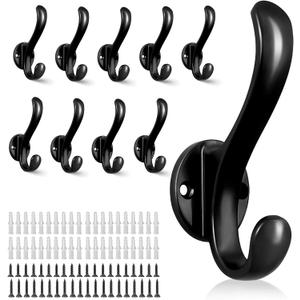 10 Pack Coat Hooks Wall Mount Heavy Duty Utility Retro Double Hooks for Hanging Coats, Hat, Towel, Key, Robe, Scarf, Bag, Cap (Black)