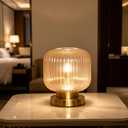 Mid Century Modern Table Lamp, Amber Ribbed Glass Nightstand Light with Gold Base,E26 LED Bulb Vintage Decorative Desk Lamp for Bedroom Living Room Study