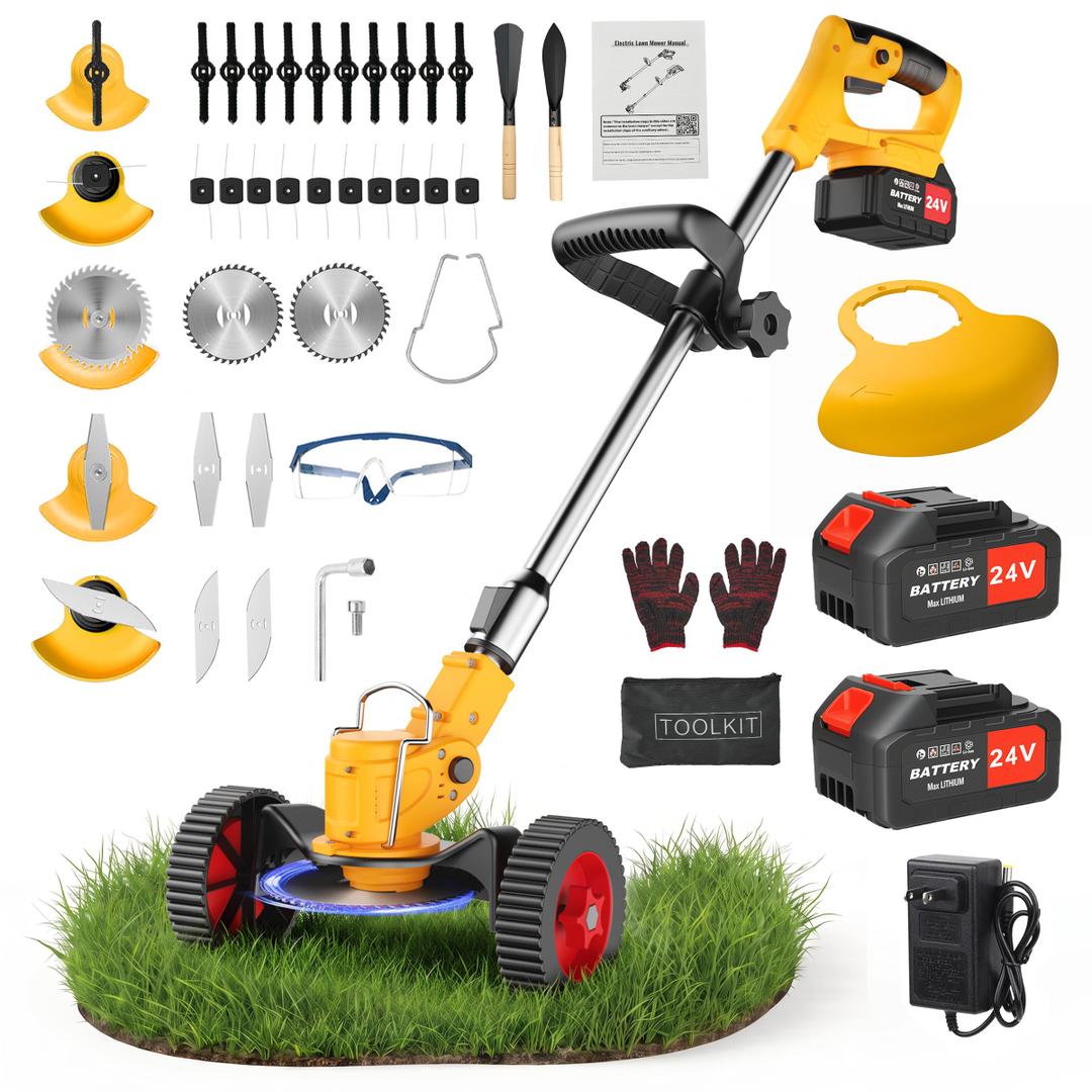 24V Cordless Weed Wacker, 2 x 4.0Ah Battery Powered Weed Eater with Wheel