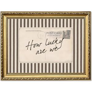 How Lucky Are We Wall Art Vintage Striped Letter Postcard Wall Decor Picture Trendy Preppy Inspirational Quote Poster Canvas Painting Print for Living Room Bedroom 16x24 inch Gold Framed