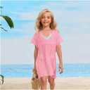 SOLY HUX Girl's V Neck Crochet Short Sleeve Beach Dress Summer Swimsuit Bikini Cover Up (Pink)