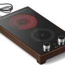 2 Burner Electric Cooktop 110v, Plug in Stove Top Burner, Countertop & Built-in Electric Burner with Knob Control, Wooden Frame, 9 Power Levels, 1800W