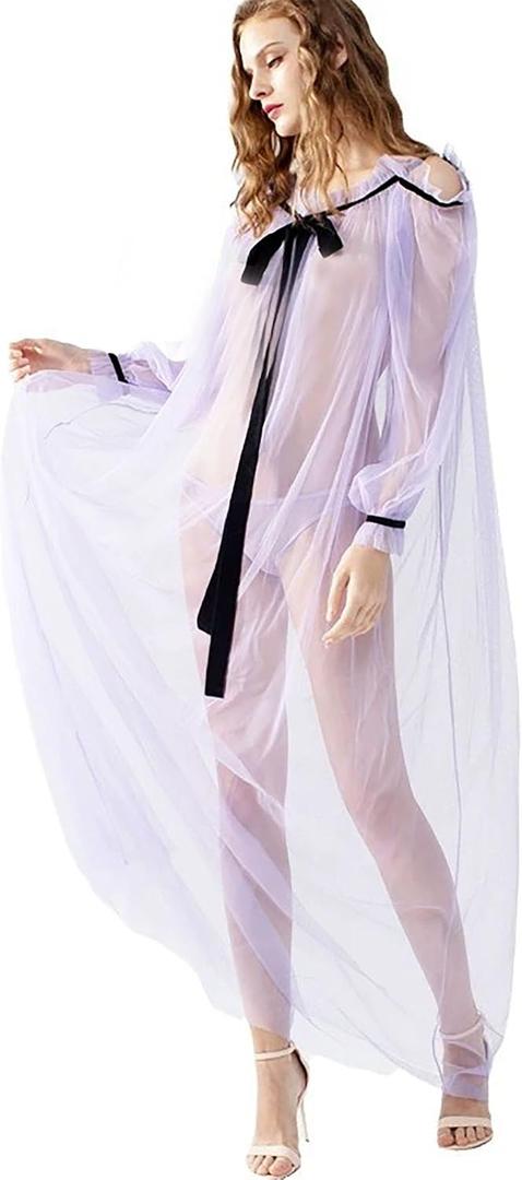 Women Long Mesh Nightgowns and Underpants Lace Babydoll Lingerie Sleepwear See Through Robe with Sleeve (Purple)